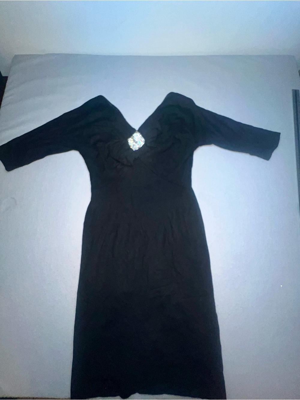 Vintage Black Cocktail Dress Rhinestone Brooch Accent Midi Size Medium / Large